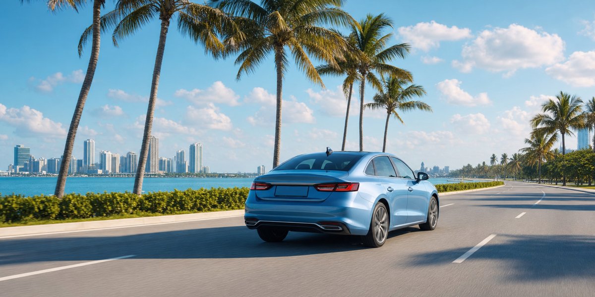 Blue sedan driving on a sunny South Florida coastal highway lined with palm trees