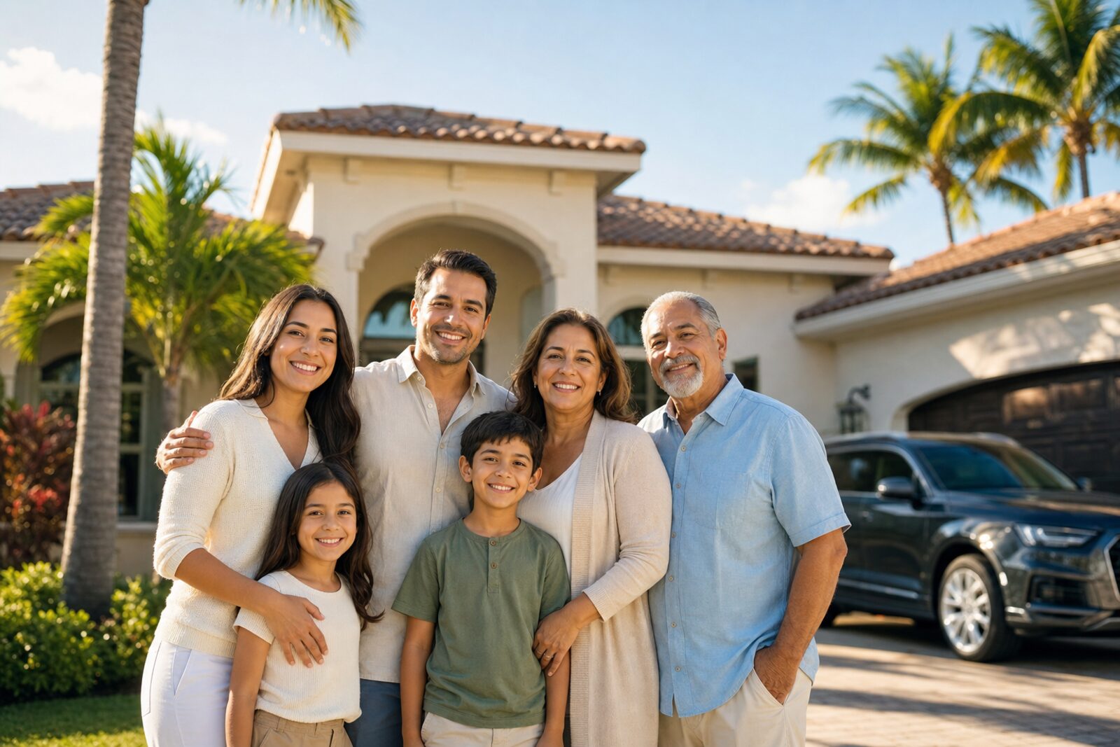 A happy South Florida family standing in front of their home