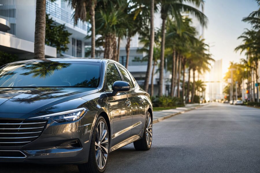 A modern sedan parked on a palm-lined Miami street