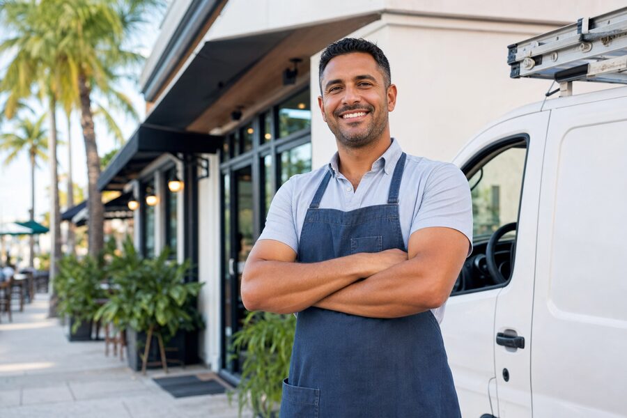 A confident small-business owner in front of their storefront