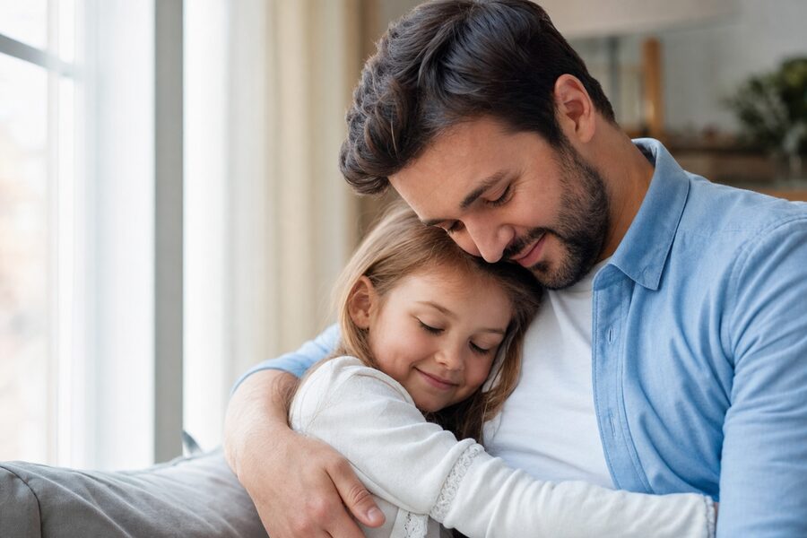 A parent embracing their child at home